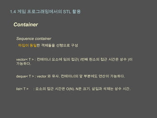 1.4 게임 프로그래밍에서의 STL 활용

 Container

  Sequence container
   타입이 동일한 객체들을 선형으로 구성



  vector< T > : 컨테이너 요소에 임의 접근( i번째 원소의 접근 시간은 상수 )이
  가능하다.


  deque< T > : vector 와 유사. 컨테이너의 앞 부분에도 연산이 가능하다.


  list< T >   : 요소의 접근 시간은 O(N). N은 크기. 삽입과 삭제는 상수 시간.
 
