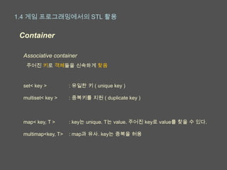 1.4 게임 프로그래밍에서의 STL 활용

 Container

  Associative container
   주어진 키로 객체들을 신속하게 찾음



  set< key >         : 유일한 키 ( unique key )

  multiset< key >    : 중복키를 지원 ( duplicate key )



  map< key, T >      : key는 unique. T는 value. 주어진 key로 value를 찾을 수 있다.

  multimap<key, T>   : map과 유사. key는 중복을 허용
 