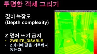 불투명 객체 그리기간단히 가까운 픽셀을 덮어 쓰면 된다. (Z값 비교)불투명한 객체들을 모아서, 앞에서 뒤로 그린다