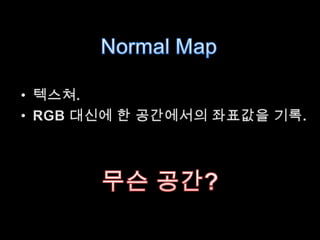 Normal Map텍스쳐.RGB 대신에 한 공간에서의 좌표값을 기록.무슨 공간?