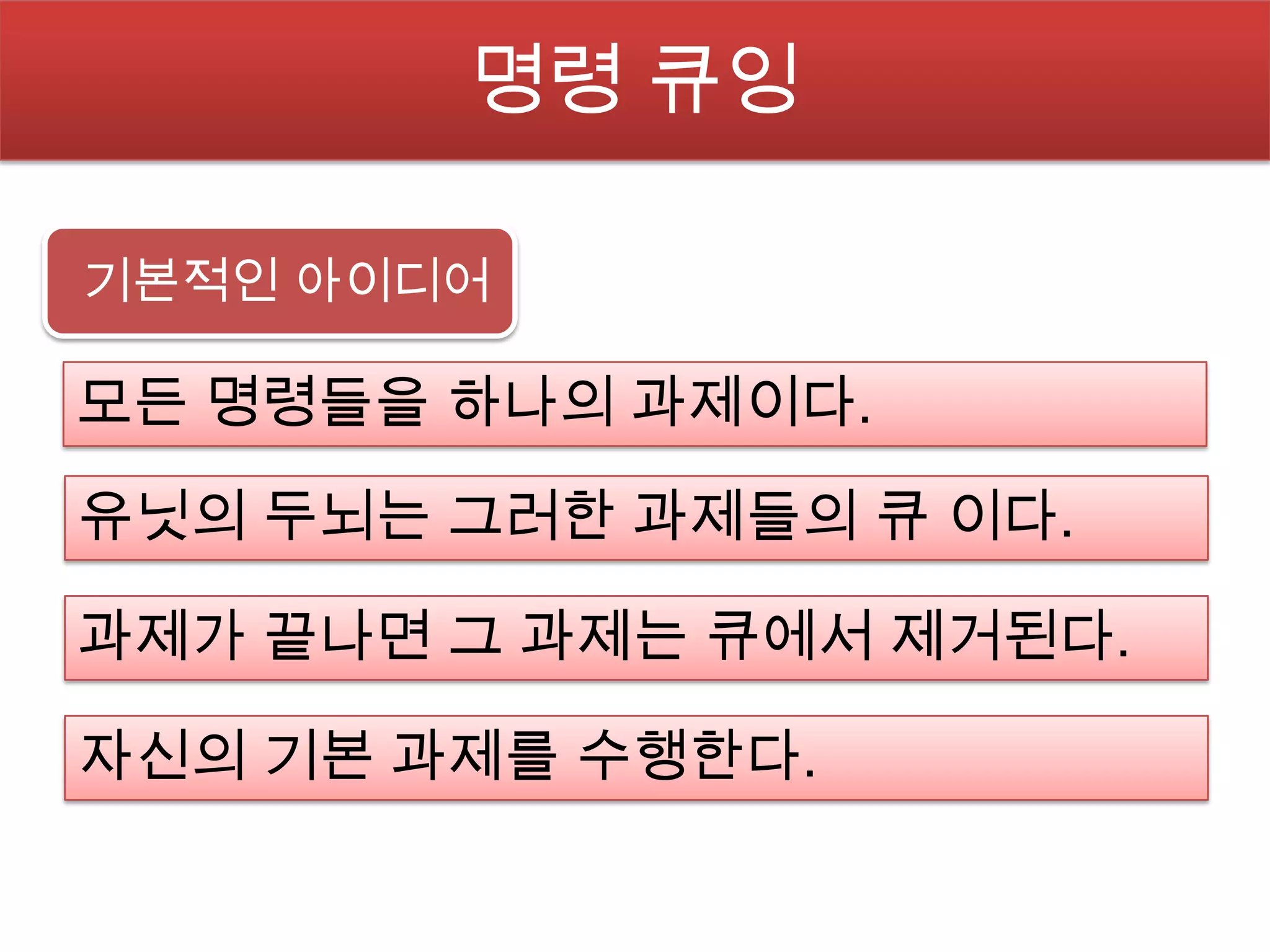 명령 큐잉

기본적인 아이디어

모든 명령들을 하나의 과제이다.

유닛의 두뇌는 그러한 과제들의 큐 이다.

과제가 끝나면 그 과제는 큐에서 제거된다.

자신의 기본 과제를 수행한다.
 