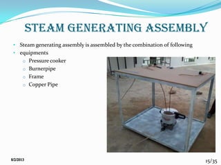 15/35
• Steam generating assembly is assembled by the combination of following
• equipments
o Pressure cooker
o Burnerpipe
o Frame
o Copper Pipe
Steam generating assembly
 