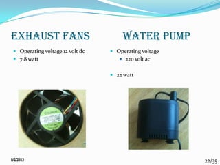 22/35
EXHAUST FANS
 Operating voltage 12 volt dc
 7.8 watt
 Operating voltage
 220 volt ac
 22 watt
WATER PUMP
 