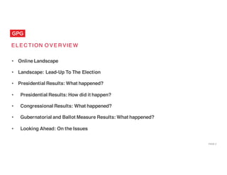 PAGE  2
E L E C TI ON O V E R VIE W
• Online Landscape
• Landscape: Lead-Up To The Election
• Presidential Results: What happened?
• Presidential Results: How did it happen?
• Congressional Results: What happened?
• Gubernatorial and Ballot Measure Results: What happened?
• Looking Ahead: On the Issues
 
