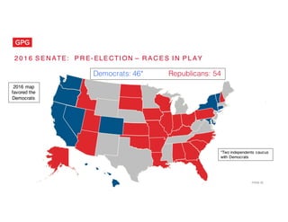 Democrats: 46* Republicans: 54
*Two independents caucus
with Democrats
PAGE 32
2 0 1 6 S E N ATE: P R E- ELE CTI ON – R A ...