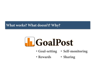 What works? What doesn’t? Why?




                •  Goal-setting   •  Self-monitoring
                •  Rewards        •  Sharing
 