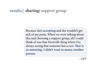 results| sharing: support group



        Because she’s accepting and she wouldn’t get
        sick of my posts. When we were talking about
        this and choosing a support group, all I could
        think of was that Farmville thing where I’m
        always seeing that someone has a cow. at is
        so annoying. I didn’t want to annoy another
        person.
                                                  – GP7
 