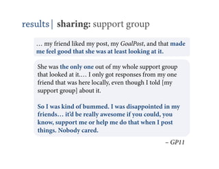 results| sharing: support group
   … my friend liked my post, my GoalPost, and that made
   me feel good that she was at least looking at it.

   She was the only one out of my whole support group – GP11
   that looked at it.… I only got responses from my one
   friend that was here locally, even though I told [my
   support group] about it.

   So I was kind of bummed. I was disappointed in my
   friends… it’d be really awesome if you could, you
   know, support me or help me do that when I post
   things. Nobody cared.
                                                   – GP11
 