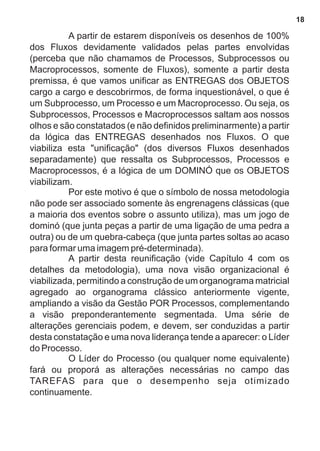 A partir de estarem disponíveis os desenhos de 100% 
dos Fluxos devidamente validados pelas partes envolvidas 
(perceba que não chamamos de Processos, Subprocessos ou 
Macroprocessos, somente de Fluxos), somente a partir desta 
premissa, é que vamos unificar as ENTREGAS dos OBJETOS 
cargo a cargo e descobrirmos, de forma inquestionável, o que é 
um Subprocesso, um Processo e um Macroprocesso. Ou seja, os 
Subprocessos, Processos e Macroprocessos saltam aos nossos 
olhos e são constatados (e não definidos preliminarmente) a partir 
da lógica das ENTREGAS desenhados nos Fluxos. O que 
viabiliza esta "unificação" (dos diversos Fluxos desenhados 
separadamente) que ressalta os Subprocessos, Processos e 
Macroprocessos, é a lógica de um DOMINÓ que os OBJETOS 
viabilizam. 
Por este motivo é que o símbolo de nossa metodologia 
não pode ser associado somente às engrenagens clássicas (que 
a maioria dos eventos sobre o assunto utiliza), mas um jogo de 
dominó (que junta peças a partir de uma ligação de uma pedra a 
outra) ou de um quebra-cabeça (que junta partes soltas ao acaso 
para formar uma imagem pré-determinada). 
A partir desta reunificação (vide Capítulo 4 com os 
detalhes da metodologia), uma nova visão organizacional é 
viabilizada, permitindo a construção de um organograma matricial 
agregado ao organograma clássico anteriormente vigente, 
ampliando a visão da Gestão POR Processos, complementando 
a visão preponderantemente segmentada. Uma série de 
alterações gerenciais podem, e devem, ser conduzidas a partir 
desta constatação e uma nova liderança tende a aparecer: o Líder 
do Processo. 
O Líder do Processo (ou qualquer nome equivalente) 
fará ou proporá as alterações necessárias no campo das 
TAREFAS para que o desempenho seja otimizado 
continuamente. 
18 
 