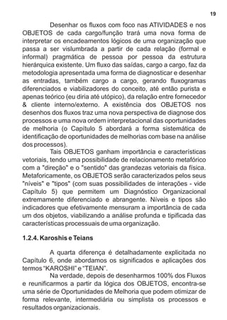 Desenhar os fluxos com foco nas ATIVIDADES e nos 
OBJETOS de cada cargo/função trará uma nova forma de 
interpretar os encadeamentos lógicos de uma organização que 
passa a ser vislumbrada a partir de cada relação (formal e 
informal) pragmática de pessoa por pessoa da estrutura 
hierárquica existente. Um fluxo das saídas, cargo a cargo, faz da 
metodologia apresentada uma forma de diagnosticar e desenhar 
as entradas, também cargo a cargo, gerando fluxogramas 
diferenciados e viabilizadores do conceito, até então purista e 
apenas teórico (eu diria até utópico), da relação entre fornecedor 
& cliente interno/externo. A existência dos OBJETOS nos 
desenhos dos fluxos traz uma nova perspectiva de diagnose dos 
processos e uma nova ordem interpretacional das oportunidades 
de melhoria (o Capítulo 5 abordará a forma sistemática de 
identificação de oportunidades de melhorias com base na análise 
dos processos). 
Tais OBJETOS ganham importância e características 
vetoriais, tendo uma possibilidade de relacionamento metafórico 
com a "direção" e o "sentido" das grandezas vetoriais da física. 
Metaforicamente, os OBJETOS serão caracterizados pelos seus 
"níveis" e "tipos" (com suas possibilidades de interações - vide 
Capítulo 5) que permitem um Diagnóstico Organizacional 
extremamente diferenciado e abrangente. Níveis e tipos são 
indicadores que efetivamente mensuram a importância de cada 
um dos objetos, viabilizando a análise profunda e tipificada das 
características processuais de uma organização. 
1.2.4. Karoshis e Teians 
A quarta diferença é detalhadamente explicitada no 
Capítulo 6, onde abordamos os significados e aplicações dos 
termos “KAROSHI” e “TEIAN”. 
Na verdade, depois de desenharmos 100% dos Fluxos 
e reunificarmos a partir da lógica dos OBJETOS, encontra-se 
uma série de Oportunidades de Melhoria que podem otimizar de 
forma relevante, intermediária ou simplista os processos e 
resultados organizacionais. 
19 
 