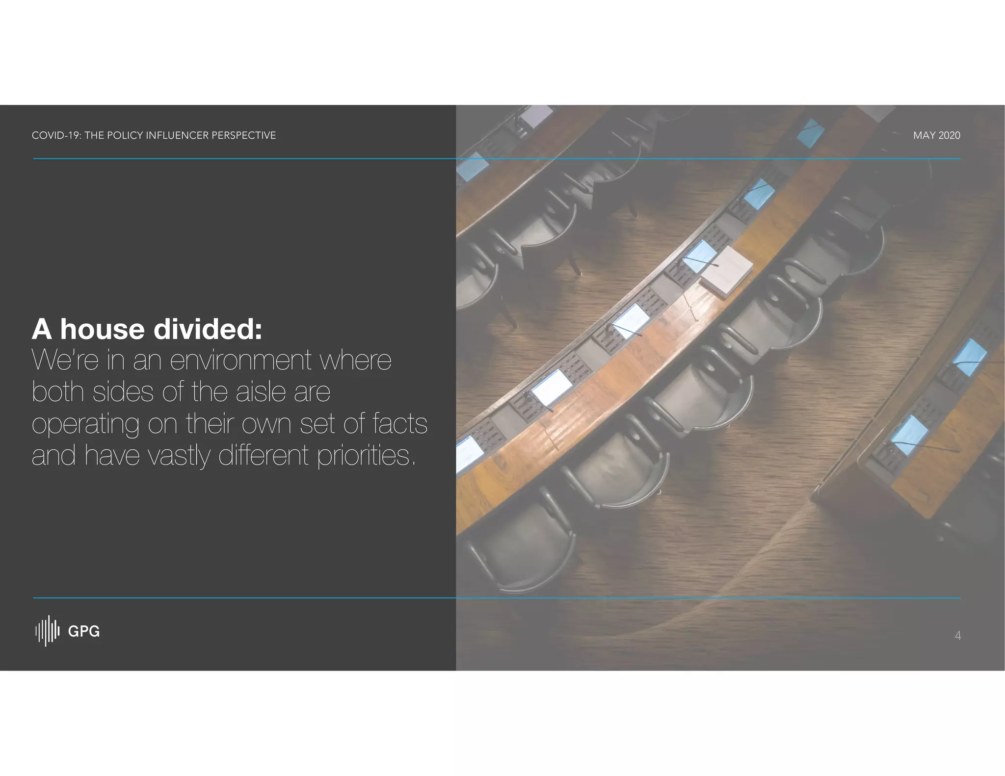 COVID-19: THE POLICY INFLUENCER PERSPECTIVE MAY 2020
4
A house divided:
We’re in an environment where
both sides of the aisle are
operating on their own set of facts
and have vastly different priorities.
 