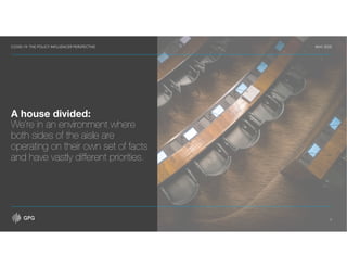 COVID-19: THE POLICY INFLUENCER PERSPECTIVE MAY 2020
4
A house divided:
We’re in an environment where
both sides of the aisle are
operating on their own set of facts
and have vastly different priorities.
 