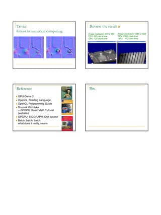2010/2/25
6
Trivia:
Ghost in numerical computing
Review the result
Image resolution: 640 x 480
CPU: 625 clock time
GPU: 125 clock time
Image resolution: 1280 x 1024
CPU: 2500 clock time
GPU: 172 clock time
Reference
 GPU Gems 2
 OpenGL Shading Language
 OpenGL Programming Guide
 Dominik Göddeke
-- GPGPU::Basic Math Tutorial
(website)‫‏‬
 GPGPU: SIGGRAPH 2004 course
 Batch, batch, batch:
what does it really means
Thx.
 