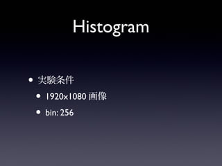 Histogram
• 実験条件
• 1920x1080画像
• bin: 256
 