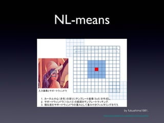NL-means
http://opencv.jp/opencv2-x-samples/non-local-means-ﬁlter
by fukushima1981.
 