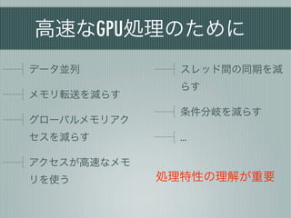 高速なGPU処理のために
データ並列          スレッド間の同期を減
               らす
メモリ転送を減らす
               条件分岐を減らす
グローバルメモリアク
セスを減らす         …

アクセスが高速なメモ
リを使う         処理特性の理解が重要
 