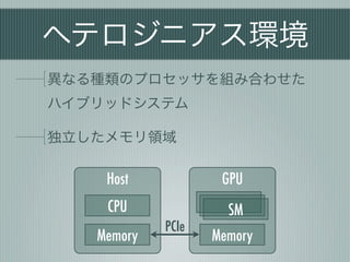 ヘテロジニアス環境
異なる種類のプロセッサを組み合わせた
ハイブリッドシステム

独立したメモリ領域

    Host            GPU
    CPU              SM
            PCIe
   Me...