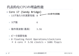 代表的なCPUの理論性能
GPGPU実践基礎工学17
 Core i7 (Sandy Bridge)
 1コアあたりの演算性能 8
 コア数 6
 動作周波数（最高） 3.5G
 ピーク演算性能
 8 Floating Point Operations/clock/core        
× 6 core × 3.5G clock/s = 168G flop/s
2015/10/21
AVX命令を搭載
 