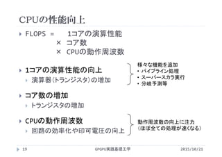 CPUの性能向上
GPGPU実践基礎工学19
 FLOPS =  1コアの演算性能
× コア数
× CPUの動作周波数
 1コアの演算性能の向上
 演算器（トランジスタ）の増加
 コア数の増加
 トランジスタの増加
 CPUの動作周波数
 回路の効率化や印可電圧の向上
動作周波数の向上に注力
（ほぼ全ての処理が速くなる）
様々な機能を追加
• パイプライン処理
• スーパースカラ実行
• 分岐予測等
2015/10/21
 