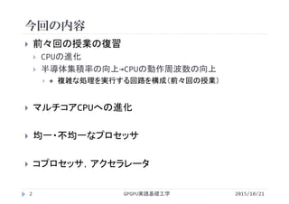 今回の内容
GPGPU実践基礎工学
 前々回の授業の復習
 CPUの進化
 半導体集積率の向上→CPUの動作周波数の向上
 + 複雑な処理を実行する回路を構成（前々回の授業）
 マルチコアCPUへの進化
 均一・不均一なプロセッサ
 コプロセッサ，アクセラレータ
2 2015/10/21
 