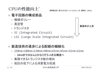 CPUの性能向上*
 電子回路の構成部品
 機械式リレー
 真空管
 トランジスタ
 IC (Integrated Circuit)
 LSI (Large Scale Integrated Circuit)
 製造技術の進歩による配線の細線化
 250nm→180nm→130nm→90nm→65nm→45nm→32nm→22nm
 10nmまではなんとかなりそう→3次元構造へ
 集積できるトランジスタ数の増加
 抵抗の低下による消費電力低減
集積率が上昇
2015/10/21GPGPU実践基礎工学22
*姫野龍太郎，絵でわかるスーパーコンピュータ，講談社 (2012)
 