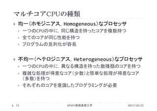 マルチコアCPUの種類
GPGPU実践基礎工学33
 均一（ホモジニアス，Homogeneous）なプロセッサ
 一つのCPUの中に，同じ構造を持ったコアを複数持つ
 全てのコアが同じ性能を持つ
 プログラムの並列化が容易
 不均一（ヘテロジニアス，Heterogeneous）なプロセッサ
 一つのCPUの中に，異なる構造を持った数種類のコアを持つ
 複雑な処理が得意なコア（少数）と簡単な処理が得意なコア
（多数）を持つ
 それぞれのコアを意識したプログラミングが必要
2015/10/21
 