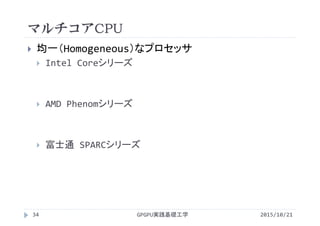マルチコアCPU
GPGPU実践基礎工学34
 均一（Homogeneous）なプロセッサ
 Intel Coreシリーズ
 AMD Phenomシリーズ
 富士通 SPARCシリーズ
2015/10/21
 