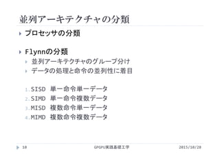 並列アーキテクチャの分類
 プロセッサの分類
 Flynnの分類
 並列アーキテクチャのグループ分け
 データの処理と命令の並列性に着目
1.SISD 単一命令単一データ
2.SIMD 単一命令複数データ
3.MISD 複数命令単一データ
4.MIMD 複数命令複数データ
GPGPU実践基礎工学10 2015/10/28
 