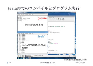 tesla??でのコンパイルとプログラム実行
2015/11/04GPGPU実践基礎工学46
grouseでの作業用
tesla??でのコンパイルと
実行用
2013年度GPGPU講習会資料より引用
 