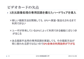 ビデオカードの欠点
 3次元画像処理の専用回路を備えたハードウェアを導入
×新しい描画方法を開発しても，GPUへ実装・製品化されるまで
利用できない
×ユーザが所有しているGPUによって利用できる機能にばらつき
が生じる
×ある描画手法用の専用回路を実装しても，その描画方法が
常に使われる訳ではないのでGPU全体の利用効率が下がる
GPGPU実践基礎工学8 2015/11/04
 