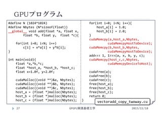 #define N (1024*1024)
#define Nbytes (N*sizeof(float))
__global__ void add(float *a, float x, 
float *b, float y,  float *c){
for(int i=0; i<N; i++)
c[i] = x*a[i] + y*b[i];
}
int main(void){
float *a,*b,*c;
float *host_a, *host_b, *host_c;
float x=1.0f, y=2.0f;
cudaMalloc((void **)&a, Nbytes);
cudaMalloc((void **)&b, Nbytes);
cudaMalloc((void **)&c, Nbytes);
host_a = (float *)malloc(Nbytes);
host_b = (float *)malloc(Nbytes);
host_c = (float *)malloc(Nbytes);
for(int i=0; i<N; i++){
host_a[i] = 1.0;
host_b[i] = 2.0;
}
cudaMemcpy(a,host_a,Nbytes,
cudaMemcpyHostToDevice);
cudaMemcpy(b,host_b,Nbytes,
cudaMemcpyHostToDevice);
add<<< 1, 1>>>(a, x, b, y, c);
cudaMemcpy(host_c,c,Nbytes,
cudaMemcpyDeviceToHost);
cudaFree(a);
cudaFree(b);
cudaFree(c);
free(host_a);
free(host_b);
free(host_c);
return 0;
}
GPUプログラム
GPGPU実践基礎工学
vectoradd_copy_twoway.cu
27 2015/11/18
 