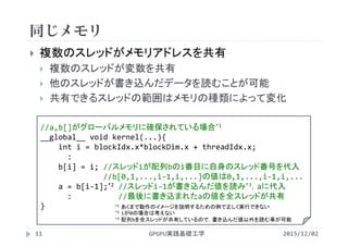 同じメモリ
2015/12/02GPGPU実践基礎工学11
 複数のスレッドがメモリアドレスを共有
 複数のスレッドが変数を共有
 他のスレッドが書き込んだデータを読むことが可能
 共有できるスレッドの範囲はメモリの種類によって変化
//a,b[]がグローバルメモリに確保されている場合*1
__global__ void kernel(...){
int i = blockIdx.x*blockDim.x + threadIdx.x;
:
b[i] = i; //スレッドiが配列bのi番目に自身のスレッド番号を代入
//b[0,1,...,i‐1,i,...]の値は0,1,...,i‐1,i,...
a = b[i‐1];*2 //スレッドi‐1が書き込んだ値を読み*3，aに代入
:         //最後に書き込まれたaの値を全スレッドが共有
} *1 あくまで動作のイメージを説明するための例で正しく実行できない
*2 iが0の場合は考えない
*3 配列bを全スレッドが共有しているので，書き込んだ値以外を読む事が可能
 