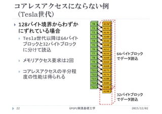 コアレスアクセスにならない例
（Tesla世代）
2015/12/02GPGPU実践基礎工学22
 128バイト境界からわずか
にずれている場合
 Tesla世代以降は64バイト
ブロックと32バイトブロック
に分けて読込
 メモリアクセス要求は2回
 コアレスアクセスの半分程
度の性能は得られる
A190
64バイトブロック
でデータ読込
32バイトブロック
でデータ読込
T15
T14
T13
T12
T11
T10
T9
T8
T7
T6
T5
T4
T3
T2
A188
A184
A180
A176
A172
A168
A164
A160
A156
A152
A148
A144
A140
A136
T1 A132
T0 A128
 