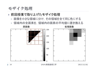 モザイク処理
2015/12/02GPGPU実践基礎工学34
 前回授業で取り上げたモザイク処理
 画像を小さな領域に分け，その領域を全て同じ色にする
 領域内の全画素を，領域内の画素の平均値に置き換える
原画像 処理画像
 