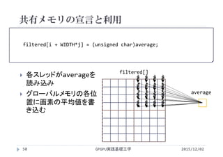 filtered[i + WIDTH*j] = (unsigned char)average;
共有メモリの宣言と利用
2015/12/02GPGPU実践基礎工学50
 各スレッドがaverageを
読み込み
 グローバルメモリの各位
置に画素の平均値を書
き込む
filtered[]
average
filtered[i + WIDTH*j] = (unsigned char)average;
 