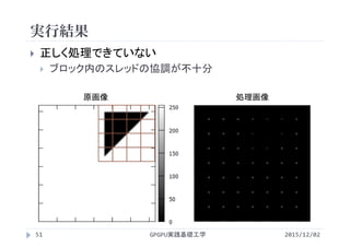 実行結果
GPGPU実践基礎工学51
 正しく処理できていない
 ブロック内のスレッドの協調が不十分
原画像 処理画像
2015/12/02
 
