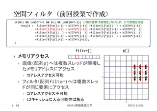 if(0<i && i<WIDTH‐1 && 0<j && j<HEIGHT‐1){ //端の画素は処理をしないため，ifで処理を分岐
result =  filter[0]*p[(i‐1) + WIDTH*(j‐1)] +filter[1]*p[(i ) + WIDTH*(j‐1)]
+filter[2]*p[(i+1) + WIDTH*(j‐1)] +filter[3]*p[(i‐1) + WIDTH*(j  )]
+filter[4]*p[(i ) + WIDTH*(j  )] +filter[5]*p[(i+1) + WIDTH*(j  )]
+filter[6]*p[(i‐1) + WIDTH*(j+1)] +filter[7]*p[(i ) + WIDTH*(j+1)]
+filter[8]*p[(i+1) + WIDTH*(j+1)];
}
空間フィルタ（前回授業で作成）
GPGPU実践基礎工学68 2015/12/02
p[]filter[]
 メモリアクセス
 画像（配列p)へは複数スレッドが隣接し
たメモリアドレスにアクセス
 コアレスアクセス可能
 フィルタ（配列filter)へは複数スレッ
ドが同じ要素にアクセス
 コアレスアクセス不可能
 L2キャッシュに入る可能性はある ij
 