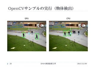OpenCVサンプルの実行（物体検出）
GPGPU実践基礎工学28 2015/12/09
GPU CPU
 