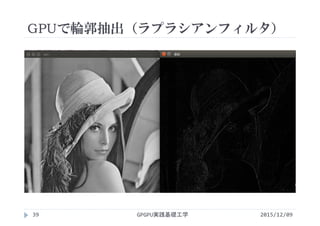 GPUで輪郭抽出（ラプラシアンフィルタ）
2015/12/09GPGPU実践基礎工学39
 
