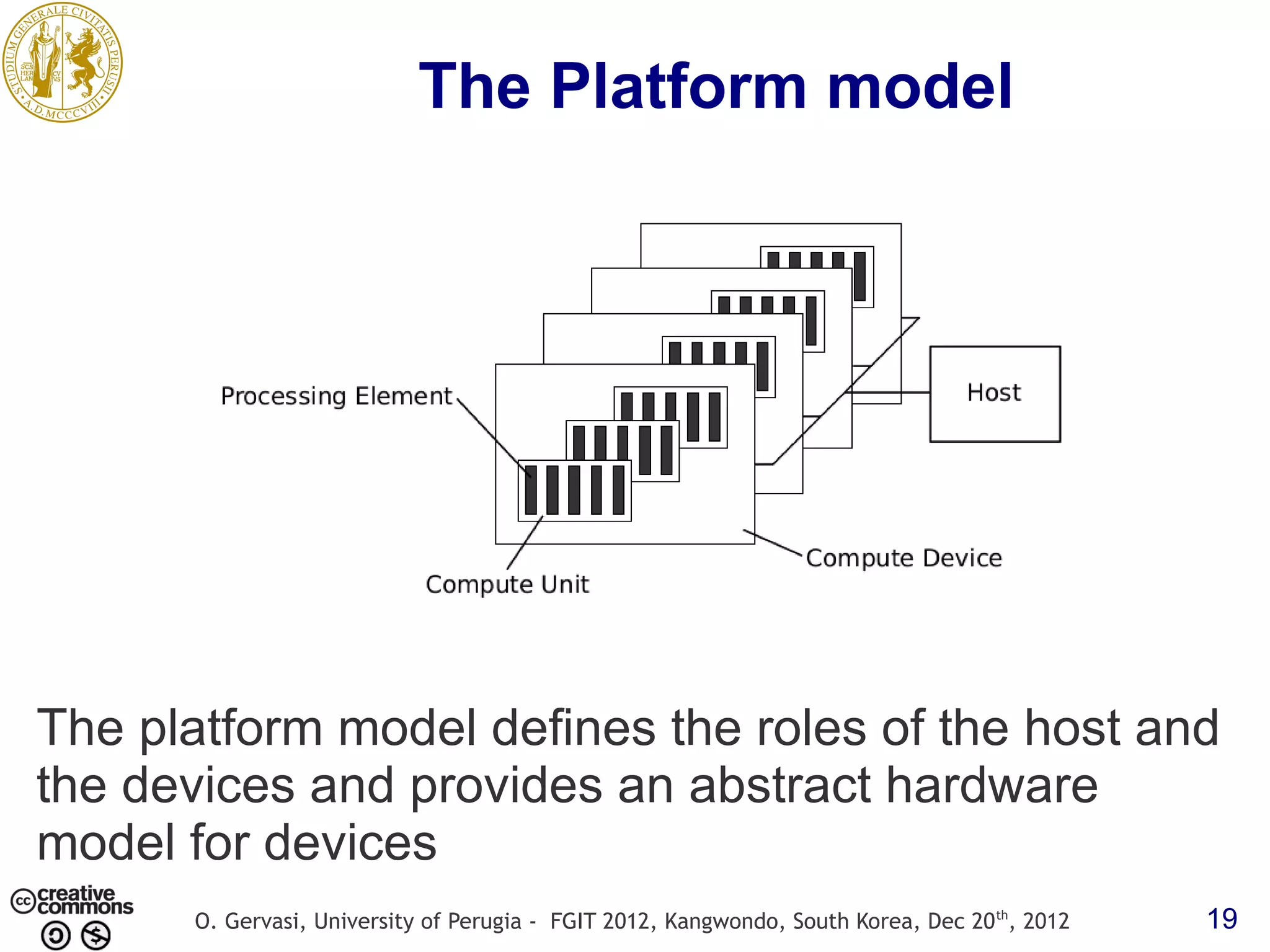 The Platform model The platform model defines the roles of the host and the devices and provides an abstract hardware model for devices O. Gervasi, University of Perugia - FGIT 2012, Kangwondo, South Korea, Dec 20 th, 2012 19 