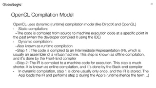 23
OpenCL Compilation Model
OpenCL uses dynamic (runtime) compilation model (like DirectX and OpenGL)
• Static compilation:
–The code is compiled from source to machine execution code at a specific point in
the past (when the developer complied it using the IDE)
• Dynamic compilation:
–Also known as runtime compilation
–Step 1 : The code is complied to an Intermediate Representation (IR), which is
usually an assembler of a virtual machine. This step is known as offline compilation,
and it’s done by the Front-End compiler
–Step 2: The IR is compiled to a machine code for execution. This step is much
shorter. It is known as online compilation, and it’s done by the Back-end compiler
• In dynamic compilation, step 1 is done usually only once, and the IR is stored. The
App loads the IR and performs step 2 during the App’s runtime (hence the term…)
 