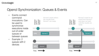 37
Opencl Synchronization: Queues & Events
• Events connect
command
invocations. Can
be used to
synchronize
executions inside
out-of-order
queues or
between queues
• Example: 2
queues with 2
devices
GPU
CPU
GPU
CPU
Time Time
Kernel 1
Kernel 2
Enqueue
Kernel1
Enqueue
Kernel2
Kernel 2 starts before
the results from
Kernel 1 are ready
Kernel 1
Kernel 2
Enqueue
Kernel1
Enqueue
Kernel2
Kernel 2 waits for an
event from Kernel 1
and does not start
until the results are
ready
 