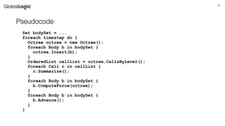 72
Pseudocode
Set bodySet = ...
foreach timestep do {
Octree octree = new Octree();
foreach Body b in bodySet {
octree.Insert(b);
}
OrderedList cellList = octree.CellsByLevel();
foreach Cell c in cellList {
c.Summarize();
}
foreach Body b in bodySet {
b.ComputeForce(octree);
}
foreach Body b in bodySet {
b.Advance();
}
}
 
