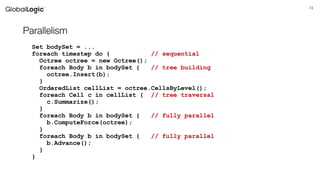74
Parallelism
Set bodySet = ...
foreach timestep do { // sequential
Octree octree = new Octree();
foreach Body b in bodySet { // tree building
octree.Insert(b);
}
OrderedList cellList = octree.CellsByLevel();
foreach Cell c in cellList { // tree traversal
c.Summarize();
}
foreach Body b in bodySet { // fully parallel
b.ComputeForce(octree);
}
foreach Body b in bodySet { // fully parallel
b.Advance();
}
}
 