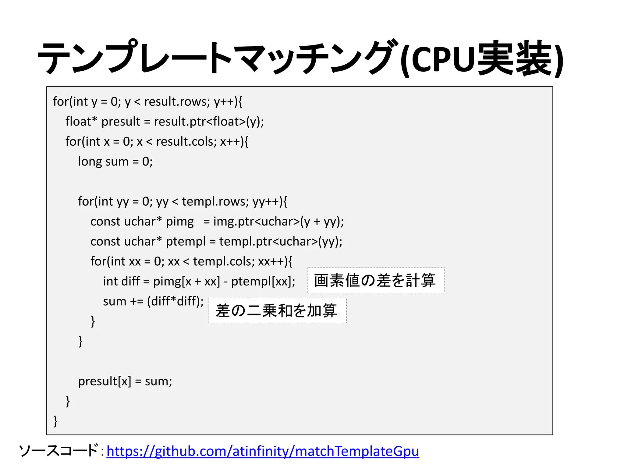 フィルタ処理(テクスチャメモリ利用)
ソースコード：https://github.com/atinfinity/imageFilteringGpu
if((y >= border_size) && (y < (dst.rows-border_size))){
if((x >= border_size) && (x < (dst.cols-border_size))){
double sum = 0.0;
for(int yy = 0; yy < kernel.rows; yy++){
for(int xx = 0; xx < kernel.cols; xx++){
sum += (kernel.ptr(yy)[xx] * tex2D(srcTex, x + xx - border_size, y + yy - border_size));
}
}
dst.ptr(y)[x] = sum;
}
}
Tex2D関数を使ってテクスチャメモリを参照
CUDAカーネル
 