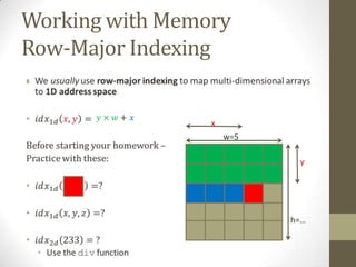 Working with Memory
Row-Major Indexing
•


                 x
                     w=5

                            y




                           h=…
 