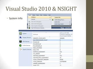 Visual Studio 2010 & NSIGHT
• System Info
 