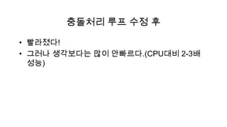 충돌처리 루프 수정 후

• 빨라졌다!
• 그러나 생각보다는 많이 안빠르다.(CPU대비 2-3배
  성능)
 