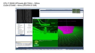 CPU i7 2600K (8Threads @3.7GHz) – 326ms
CUDA GTX480 – 40ms (CPU대비 8.15배)
 