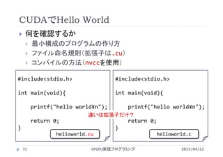 CUDAでHello World
 何を確認するか
 最小構成のプログラムの作り方
 ファイル命名規則（拡張子は.cu）
 コンパイルの方法（nvccを使用）
#include<stdio.h>
int main(void){
printf("hello world¥n");
return 0;
}
2015/04/22GPGPU実践プログラミング31
#include<stdio.h>
int main(void){
printf("hello world¥n");
return 0;
}
違いは拡張子だけ？
helloworld.cu helloworld.c
 